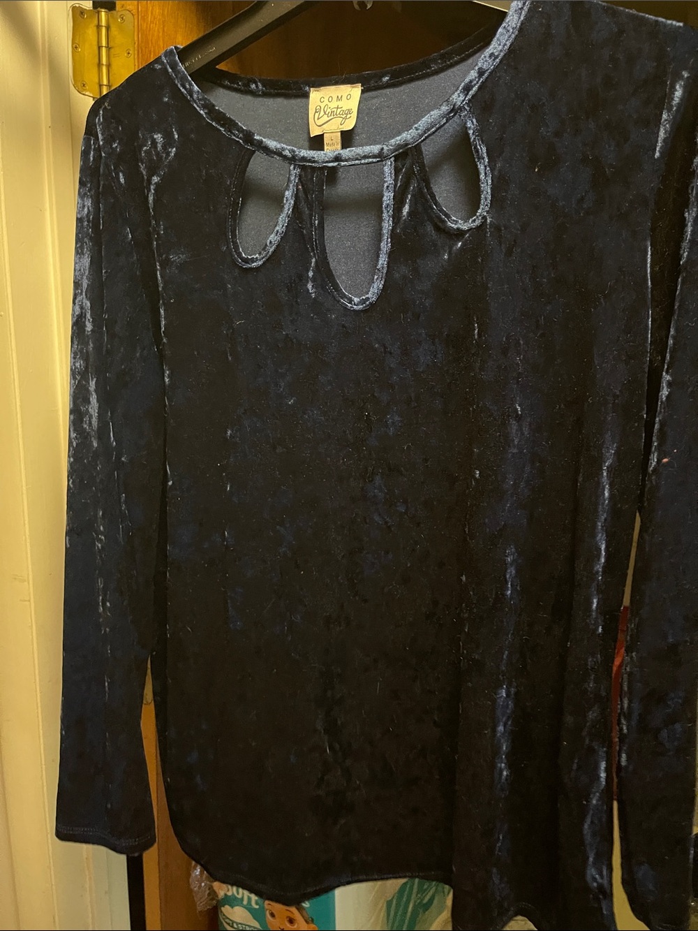 Como Vintage Navy Velvet Keyhole Long-Sleeve Top